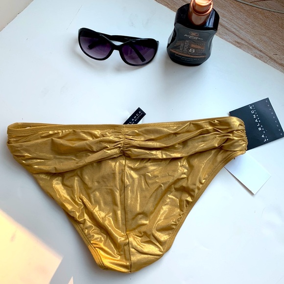 La Blanca Gold Ruched Two Piece Bandeau Bikini Set Halter Tie Wear It 3 Ways ⭐️ - Picture 10 of 16